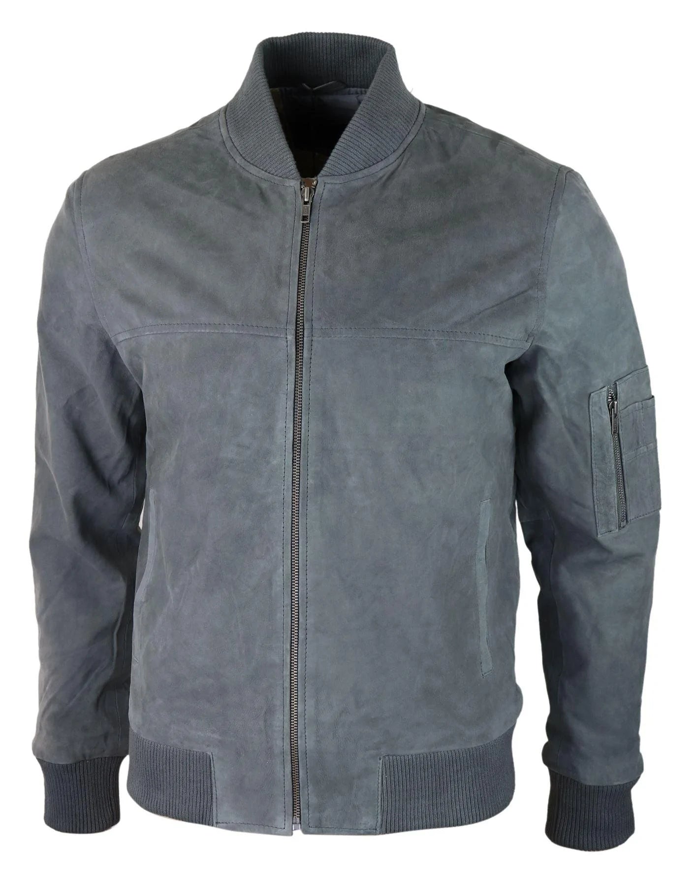 Jaqueta Bomber Masculina de Camurça Genuína em Couro, Estilo Casual Universitário Vintage, Cinza
