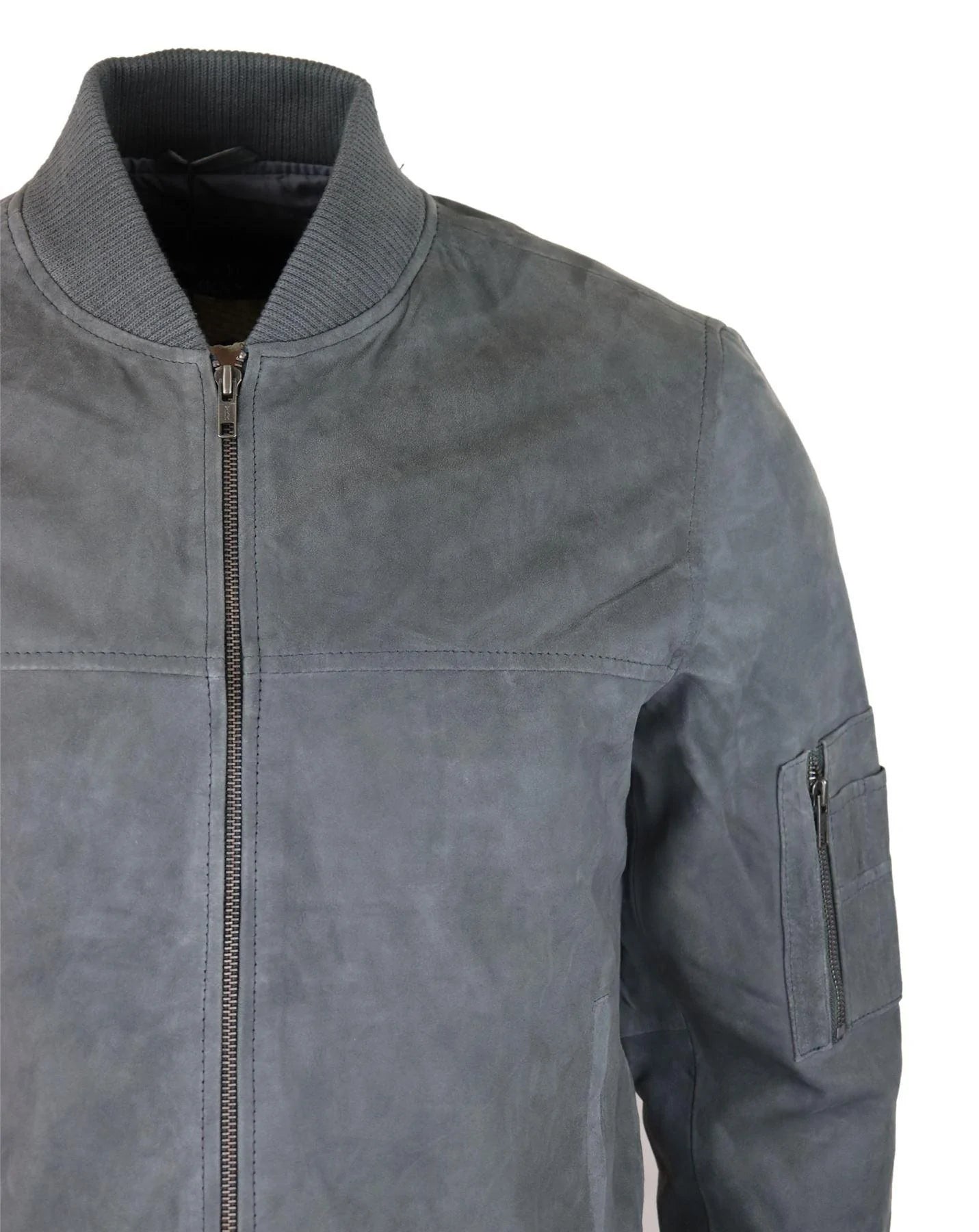 Jaqueta Bomber Masculina de Camurça Genuína em Couro, Estilo Casual Universitário Vintage, Cinza