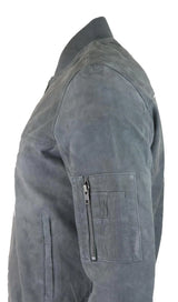 Jaqueta Bomber Masculina de Camurça Genuína em Couro, Estilo Casual Universitário Vintage, Cinza