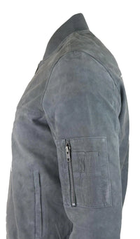 Jaqueta Bomber Masculina de Camurça Genuína em Couro, Estilo Casual Universitário Vintage, Cinza
