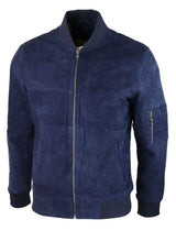 Jaqueta Bomber Masculina de Camurça Genuína em Couro, Estilo Casual Universitário Vintage, Azul Marinho