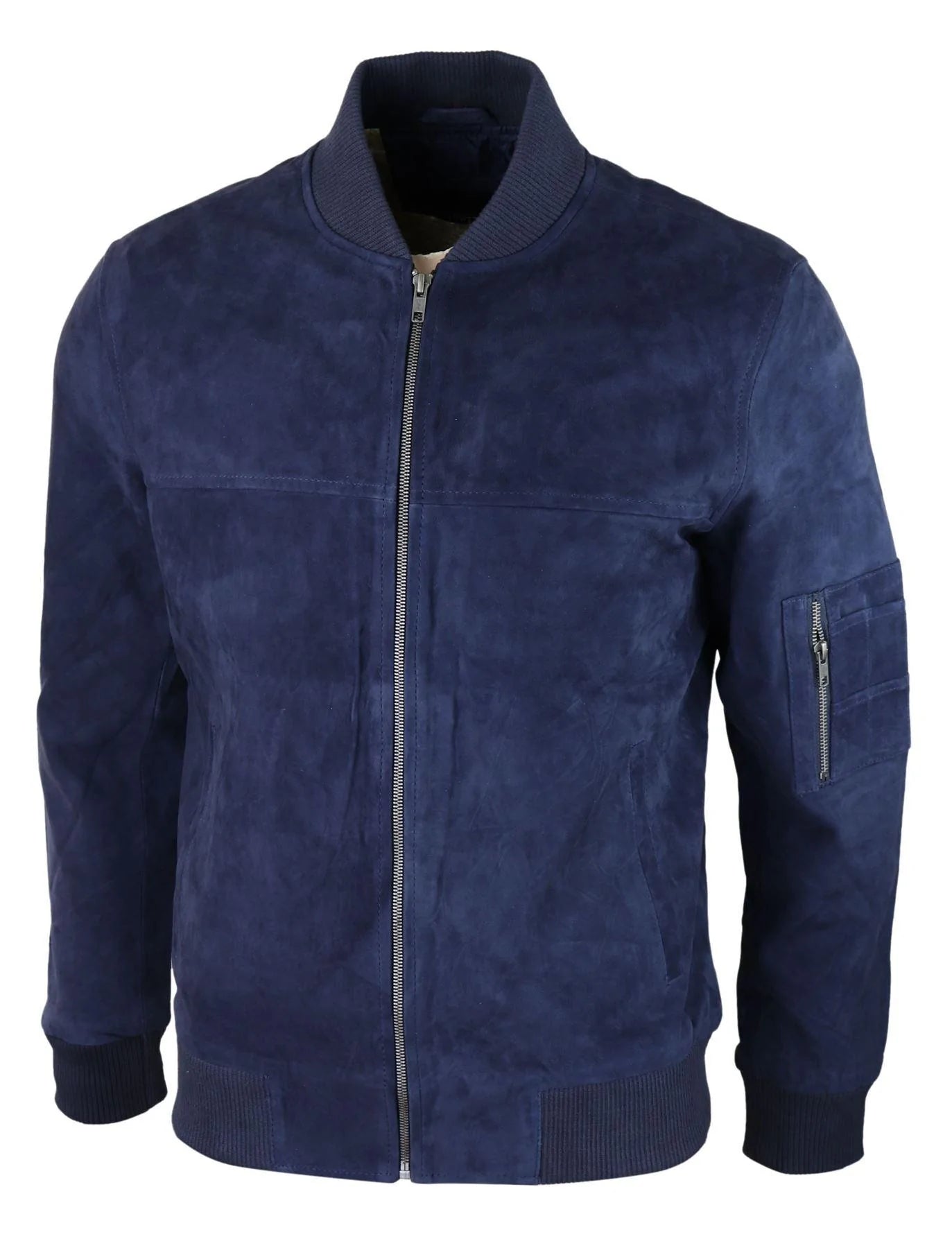 Jaqueta Bomber Masculina de Camurça Genuína em Couro, Estilo Casual Universitário Vintage, Azul Marinho