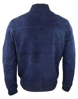 Jaqueta Bomber Masculina de Camurça Genuína em Couro, Estilo Casual Universitário Vintage, Azul Marinho