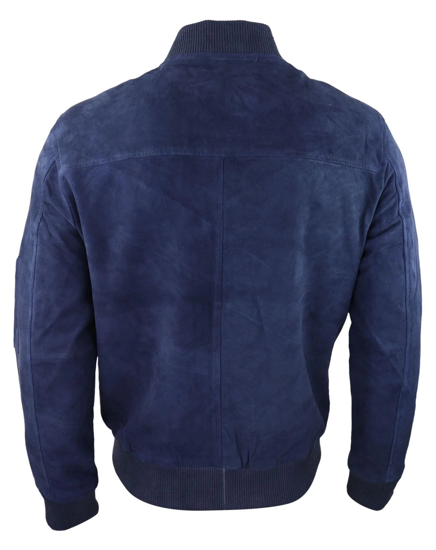 Jaqueta Bomber Masculina de Camurça Genuína em Couro, Estilo Casual Universitário Vintage, Azul Marinho