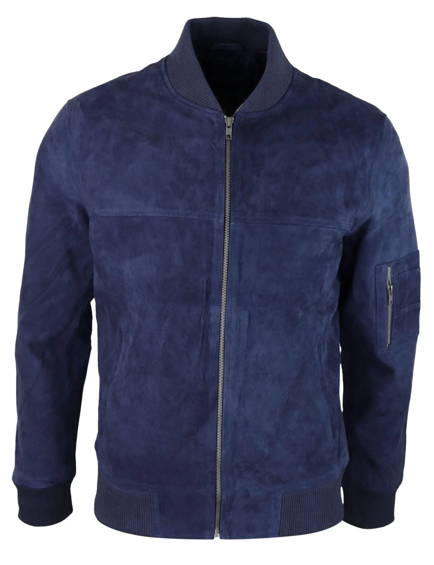 Jaqueta Bomber Masculina de Camurça Genuína em Couro, Estilo Casual Universitário Vintage, Azul Marinho