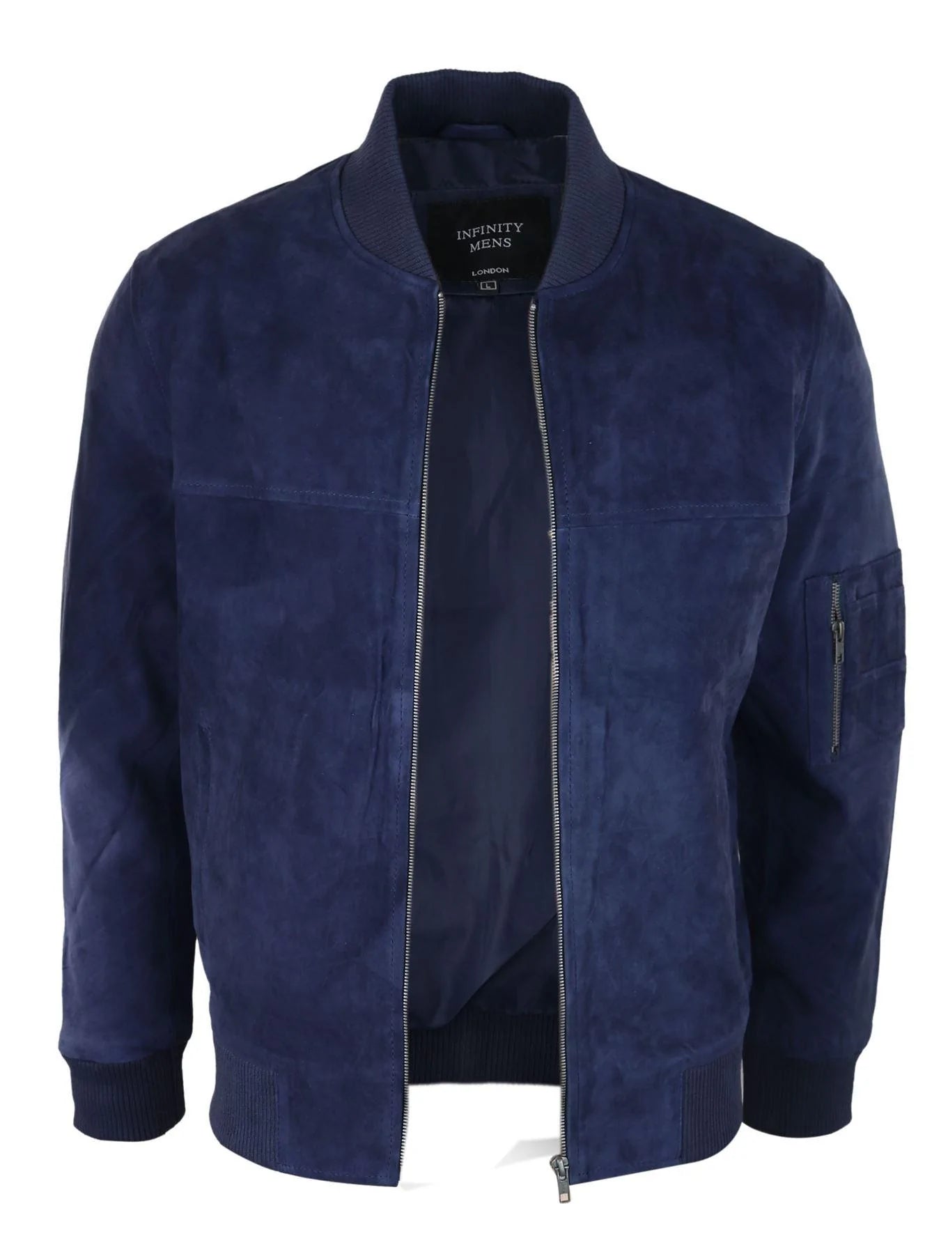 Jaqueta Bomber Masculina de Camurça Genuína em Couro, Estilo Casual Universitário Vintage, Azul Marinho
