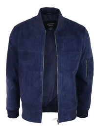 Jaqueta Bomber Masculina de Camurça Genuína em Couro, Estilo Casual Universitário Vintage, Azul Marinho