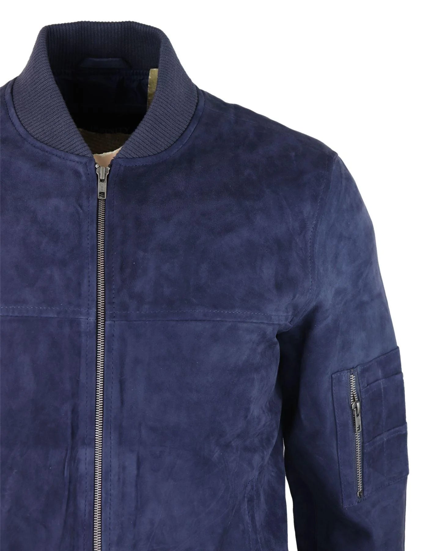 Jaqueta Bomber Masculina de Camurça Genuína em Couro, Estilo Casual Universitário Vintage, Azul Marinho