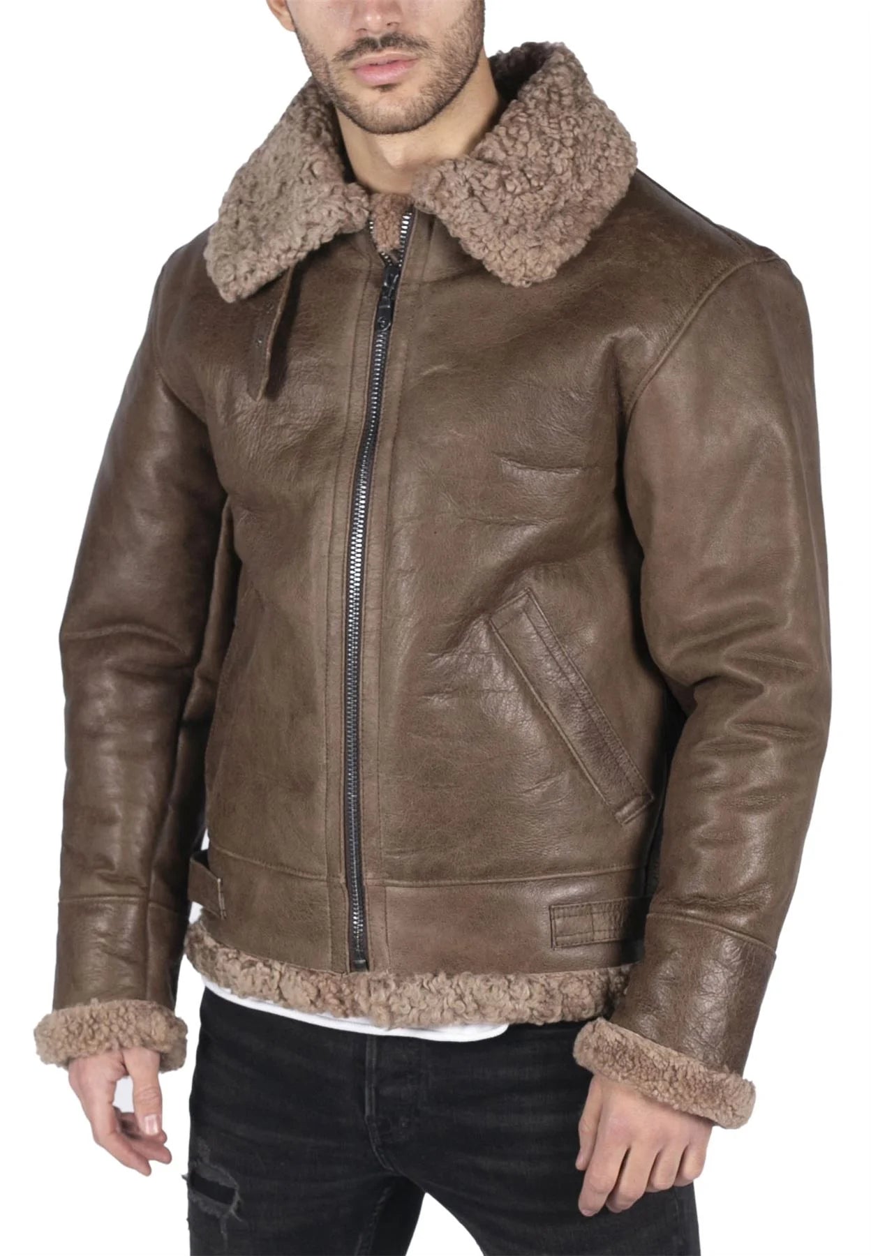 Casaco masculino de couro de ovelha genuíno, modelo B3 Flying Aviator vintage, marrom, cor Teddy Sheep.