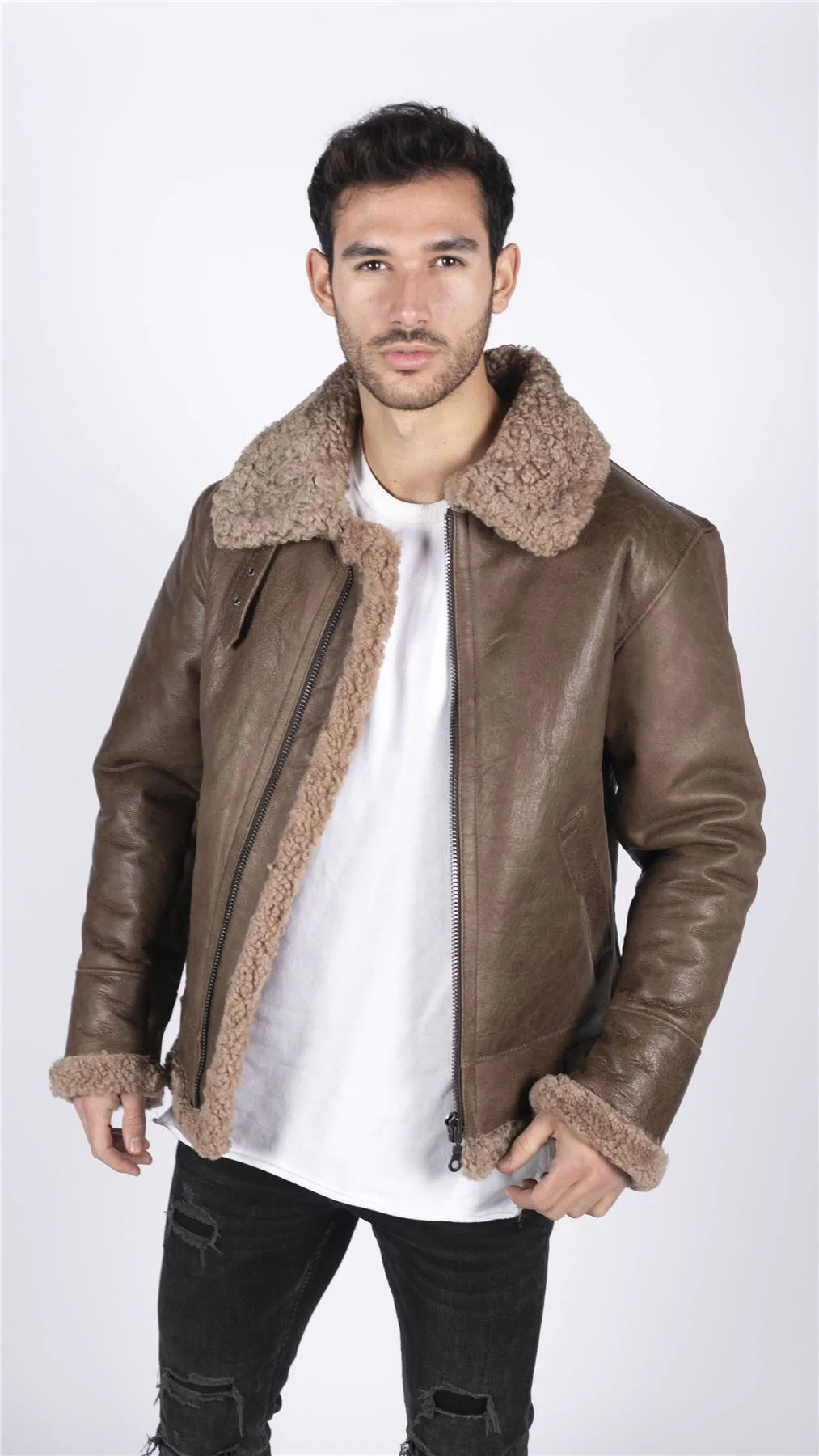 Casaco masculino de couro de ovelha genuíno, modelo B3 Flying Aviator vintage, marrom, cor Teddy Sheep.