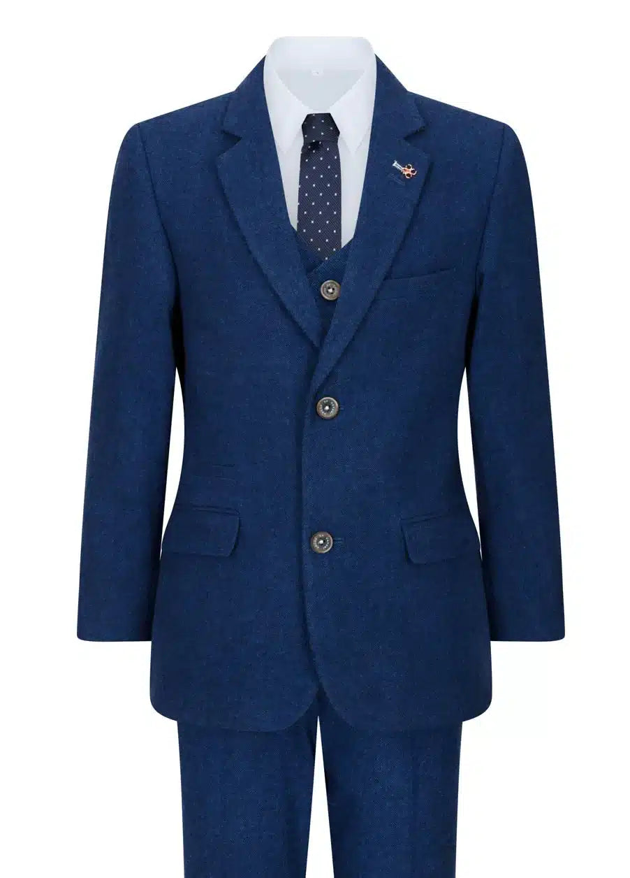 Terno infantil de 3 peças em lã azul tweed, estilo vintage clássico dos anos 1920, com colete de 4 bolsos.