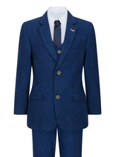 Terno infantil de 3 peças em lã azul tweed, estilo vintage clássico dos anos 1920, com colete de 4 bolsos.