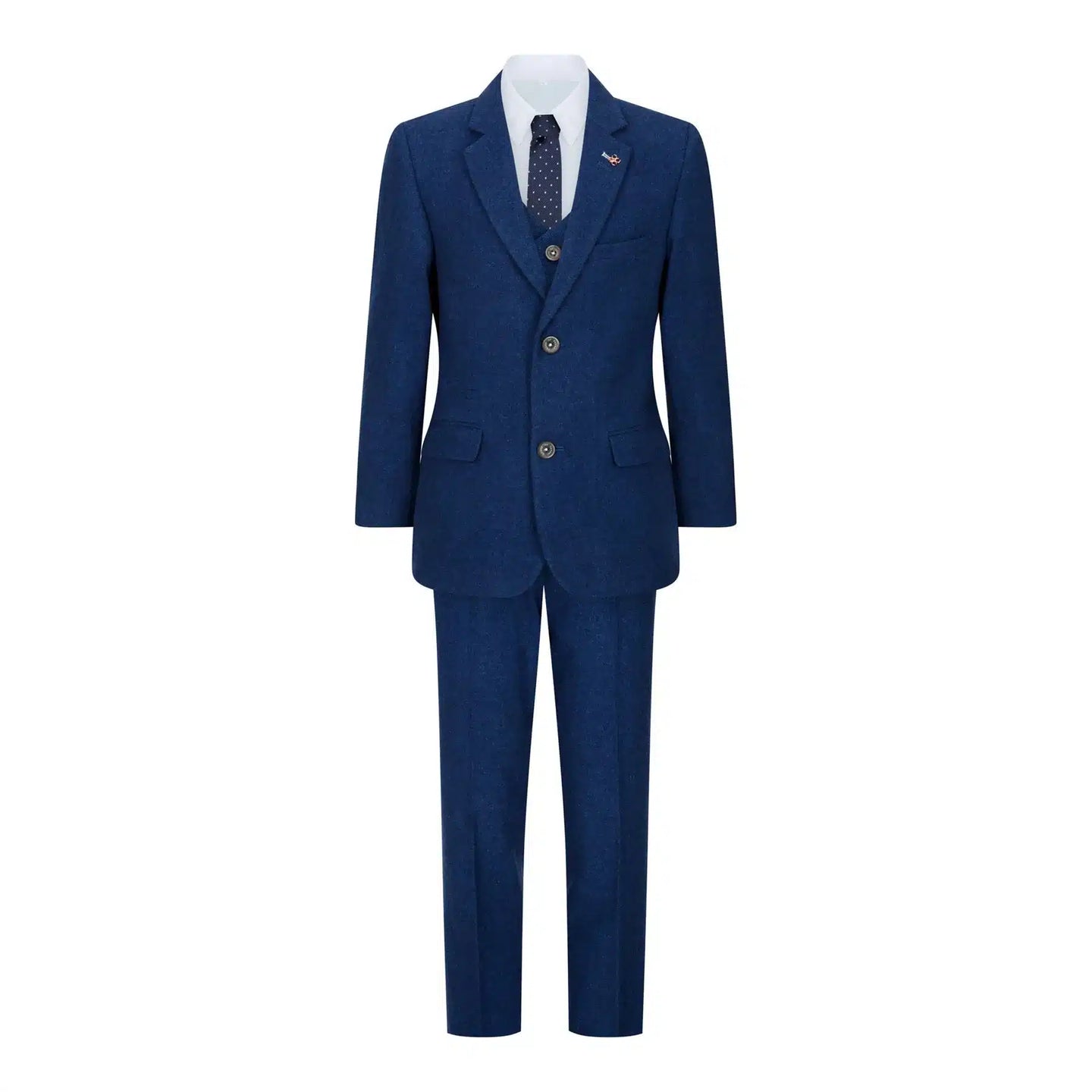 Terno infantil de 3 peças em lã azul tweed, estilo vintage clássico dos anos 1920, com colete de 4 bolsos.