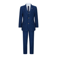 Terno infantil de 3 peças em lã azul tweed, estilo vintage clássico dos anos 1920, com colete de 4 bolsos.