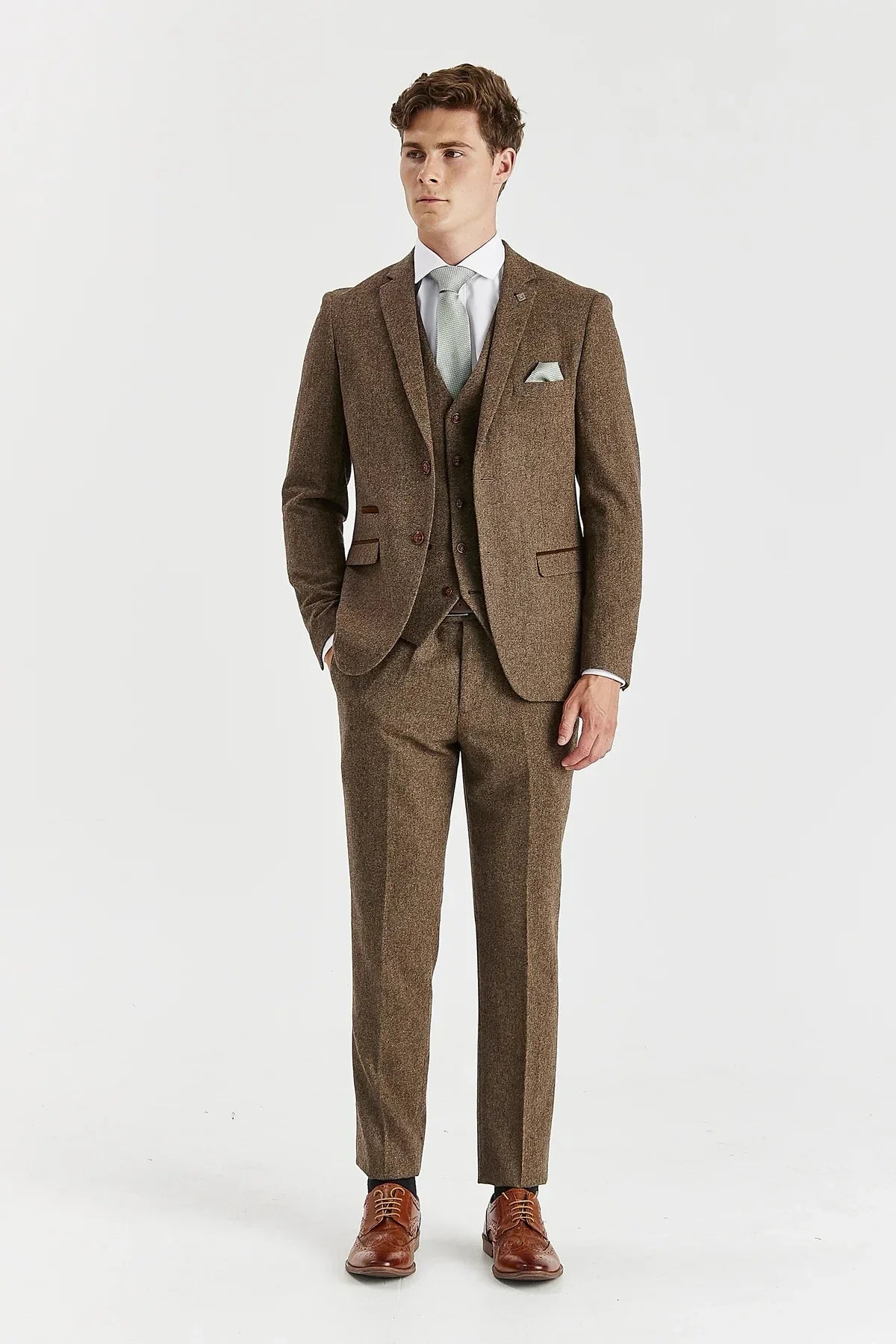 Oscar - Terno masculino de 3 peças em tweed marrom com mistura de lã