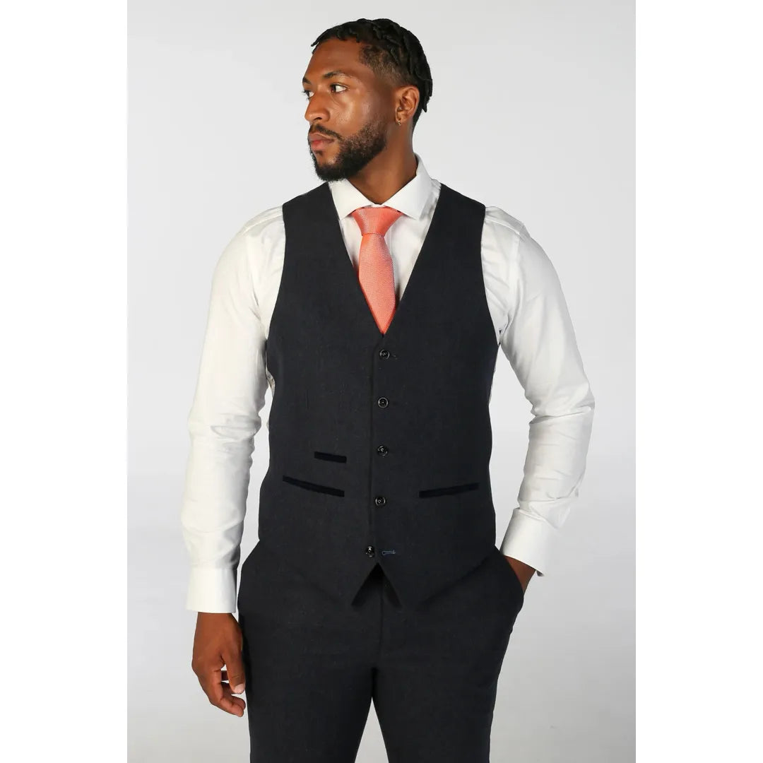 Oscar - Terno masculino de 3 peças em tweed azul marinho com mistura de lã