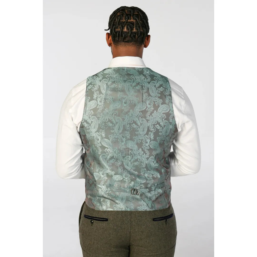 Oscar - Terno masculino de 3 peças em tweed verde-oliva com mistura de lã