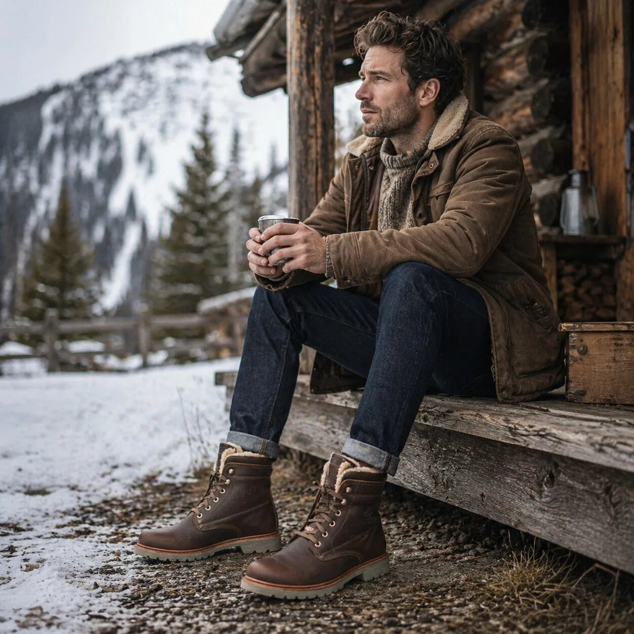 P03 Aviator C23 - Botas de cano curto masculinas em couro impermeável marrom