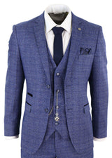 Terno masculino de tweed azul xadrez de 3 peças com relógio de bolso, corte sob medida, estilo Peaky Blinders.