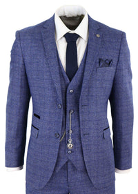 Terno masculino de tweed azul xadrez de 3 peças com relógio de bolso, corte sob medida, estilo Peaky Blinders.