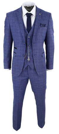 Terno masculino de tweed azul xadrez de 3 peças com relógio de bolso, corte sob medida, estilo Peaky Blinders.