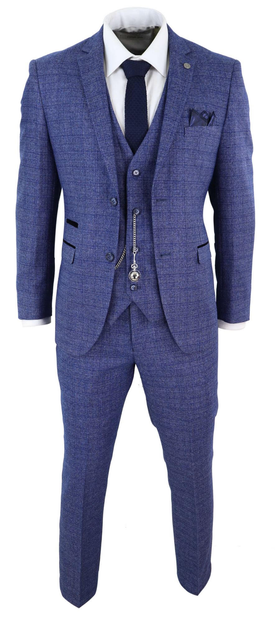 Terno masculino de tweed azul xadrez de 3 peças com relógio de bolso, corte sob medida, estilo Peaky Blinders.