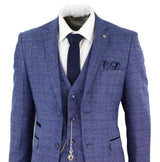Terno masculino de tweed azul xadrez de 3 peças com relógio de bolso, corte sob medida, estilo Peaky Blinders.