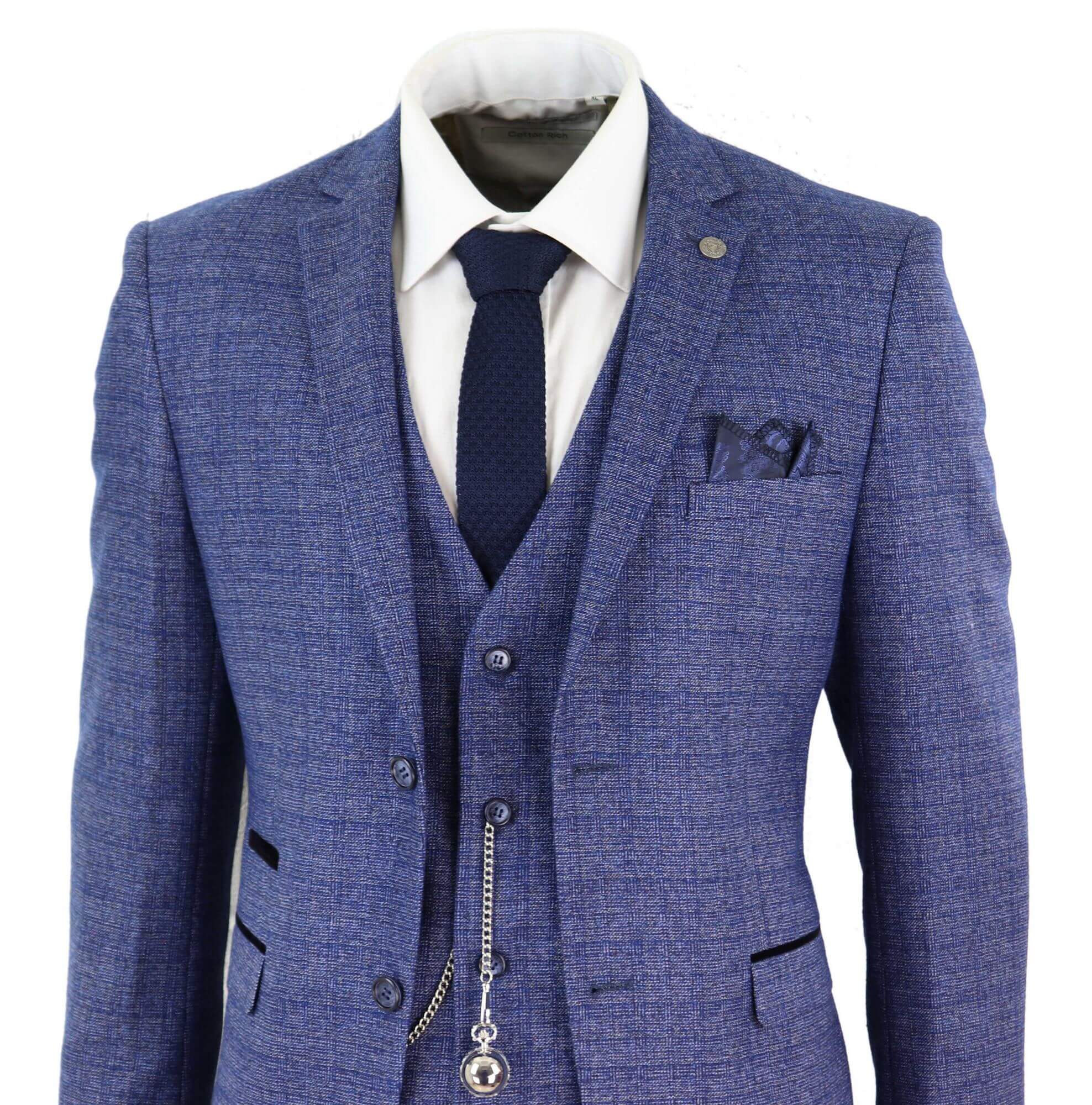 Terno masculino de tweed azul xadrez de 3 peças com relógio de bolso, corte sob medida, estilo Peaky Blinders.