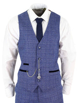 Terno masculino de tweed azul xadrez de 3 peças com relógio de bolso, corte sob medida, estilo Peaky Blinders.