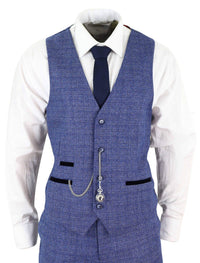 Terno masculino de tweed azul xadrez de 3 peças com relógio de bolso, corte sob medida, estilo Peaky Blinders.