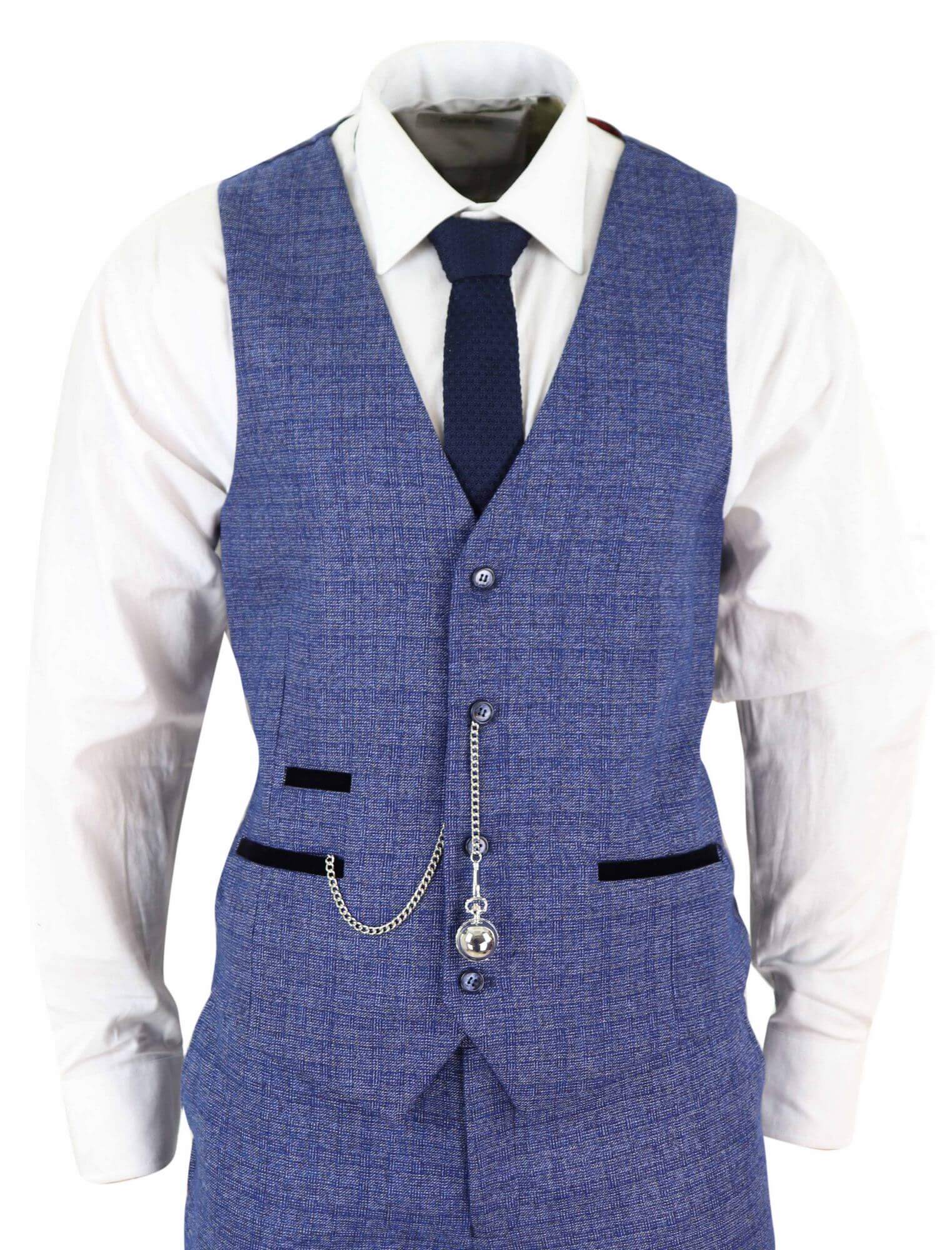 Terno masculino de tweed azul xadrez de 3 peças com relógio de bolso, corte sob medida, estilo Peaky Blinders.