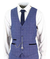 Terno masculino de tweed azul xadrez de 3 peças com relógio de bolso, corte sob medida, estilo Peaky Blinders.