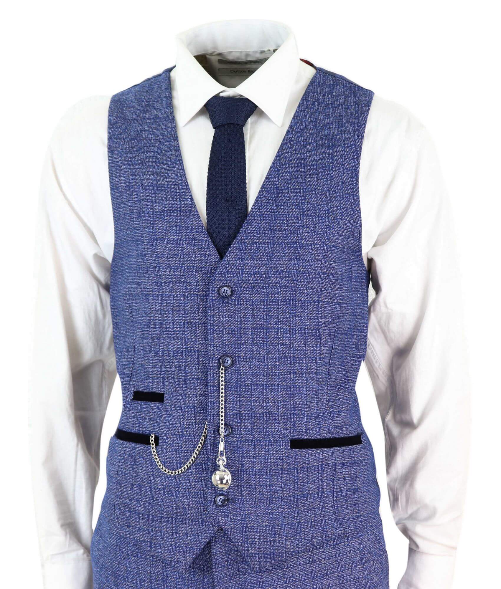 Terno masculino de tweed azul xadrez de 3 peças com relógio de bolso, corte sob medida, estilo Peaky Blinders.