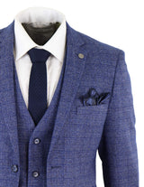 Terno masculino de tweed azul xadrez de 3 peças com relógio de bolso, corte sob medida, estilo Peaky Blinders.