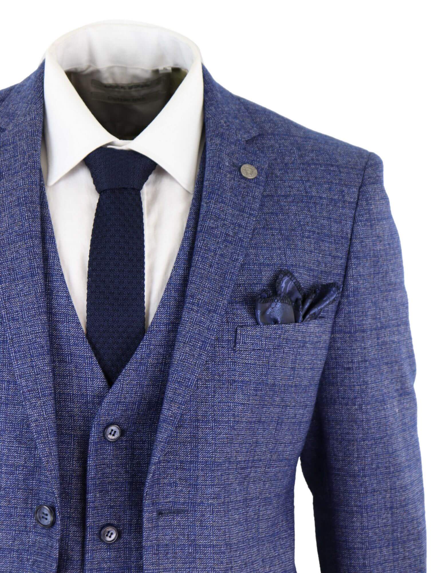 Terno masculino de tweed azul xadrez de 3 peças com relógio de bolso, corte sob medida, estilo Peaky Blinders.