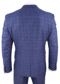 Terno masculino de tweed azul xadrez de 3 peças com relógio de bolso, corte sob medida, estilo Peaky Blinders.