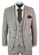 Paul Andrew Holland - Terno masculino de 3 peças em tweed xadrez bege e marrom para casamento, formatura, estilo vintage retrô clássico.