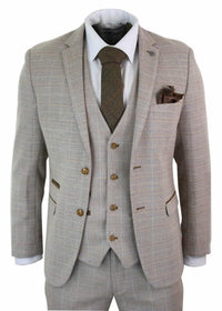 Paul Andrew Holland - Terno masculino de 3 peças em tweed xadrez bege e marrom para casamento, formatura, estilo vintage retrô clássico.