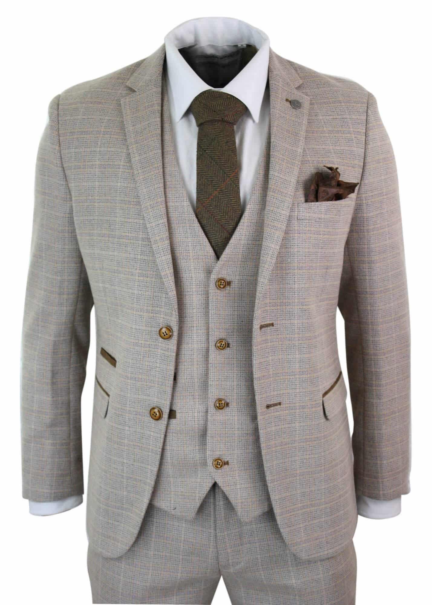 Paul Andrew Holland - Terno masculino de 3 peças em tweed xadrez bege e marrom para casamento, formatura, estilo vintage retrô clássico.