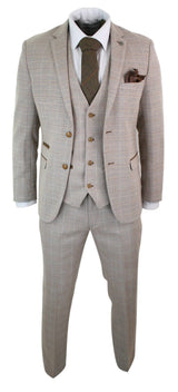 Paul Andrew Holland - Terno masculino de 3 peças em tweed xadrez bege e marrom para casamento, formatura, estilo vintage retrô clássico.