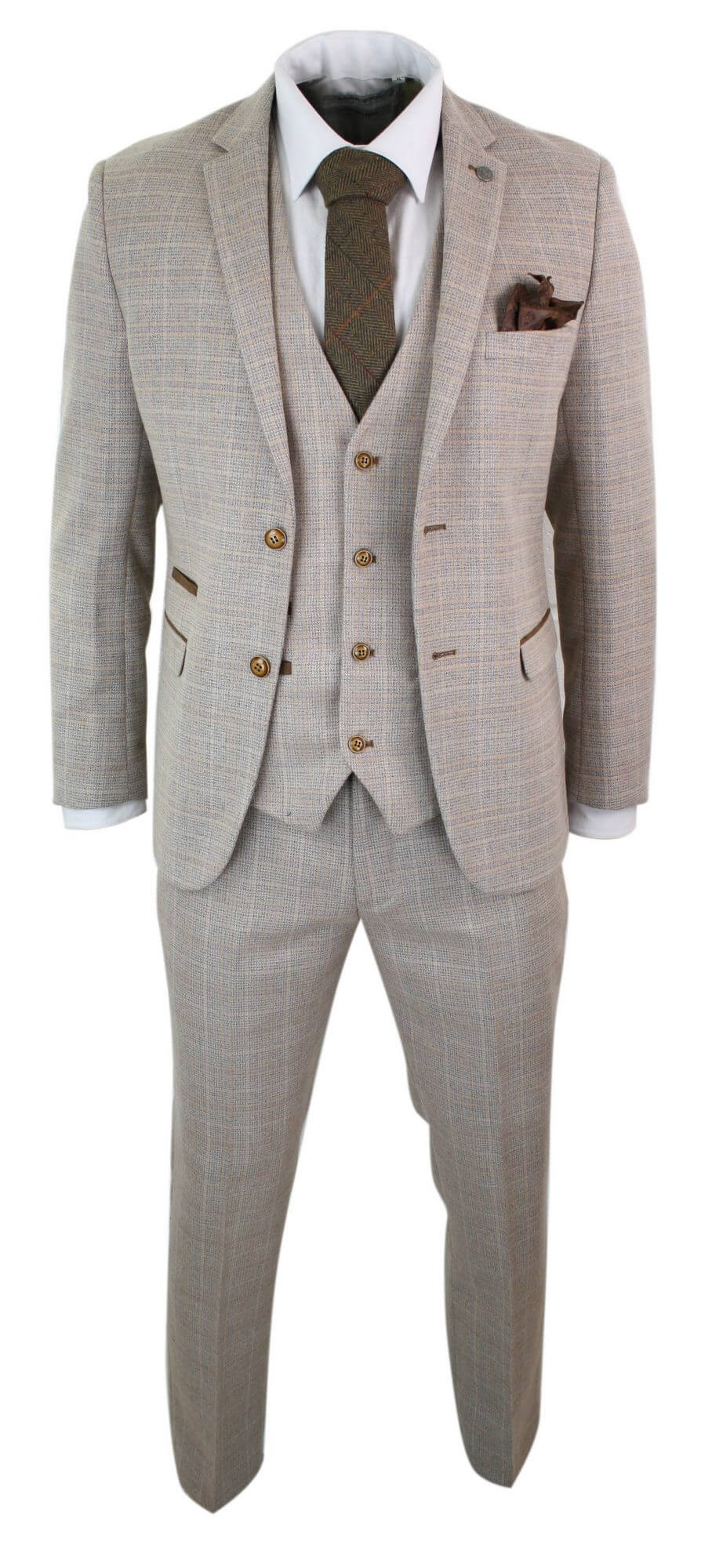 Paul Andrew Holland - Terno masculino de 3 peças em tweed xadrez bege e marrom para casamento, formatura, estilo vintage retrô clássico.