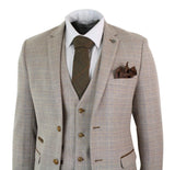 Paul Andrew Holland - Terno masculino de 3 peças em tweed xadrez bege e marrom para casamento, formatura, estilo vintage retrô clássico.