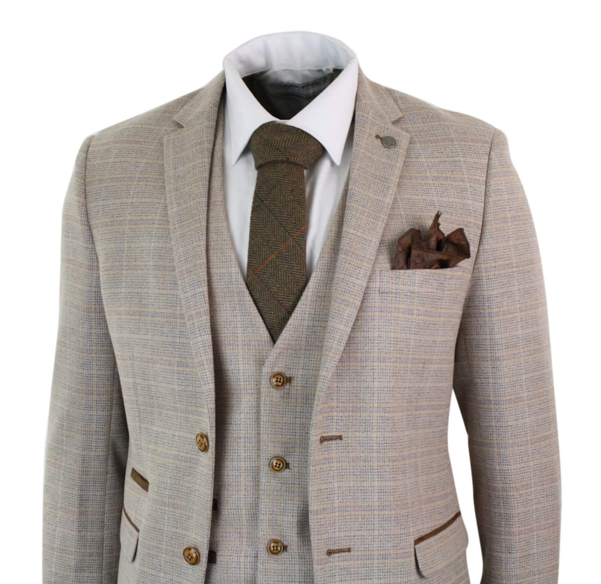 Paul Andrew Holland - Terno masculino de 3 peças em tweed xadrez bege e marrom para casamento, formatura, estilo vintage retrô clássico.