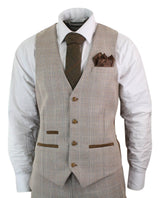 Paul Andrew Holland - Terno masculino de 3 peças em tweed xadrez bege e marrom para casamento, formatura, estilo vintage retrô clássico.