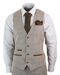 Paul Andrew Holland - Terno masculino de 3 peças em tweed xadrez bege e marrom para casamento, formatura, estilo vintage retrô clássico.