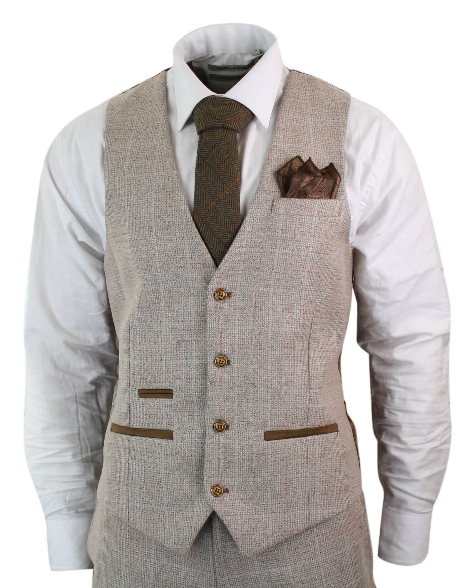 Paul Andrew Holland - Terno masculino de 3 peças em tweed xadrez bege e marrom para casamento, formatura, estilo vintage retrô clássico.
