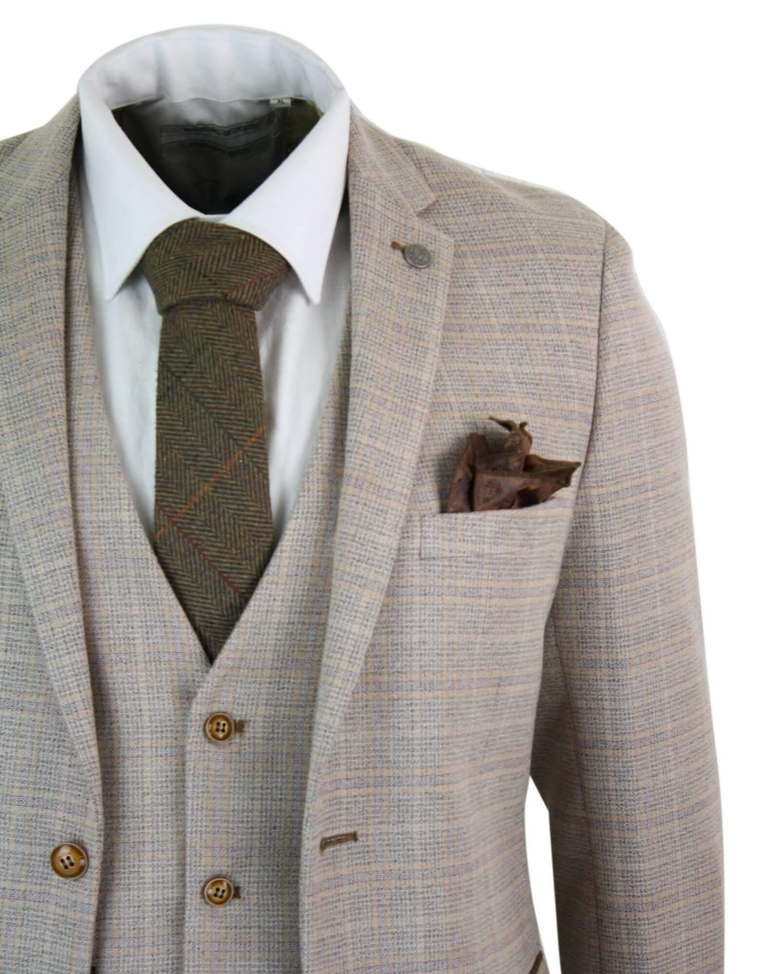 Paul Andrew Holland - Terno masculino de 3 peças em tweed xadrez bege e marrom para casamento, formatura, estilo vintage retrô clássico.