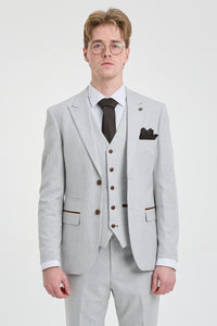 Terno masculino Mark cinza-pedra de 3 peças com estampa xadrez em tweed e detalhes em marrom, ideal para casamentos e formaturas.