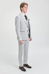 Terno masculino Mark cinza-pedra de 3 peças com estampa xadrez em tweed e detalhes em marrom, ideal para casamentos e formaturas.
