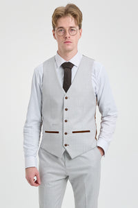 Terno masculino Mark cinza-pedra de 3 peças com estampa xadrez em tweed e detalhes em marrom, ideal para casamentos e formaturas.